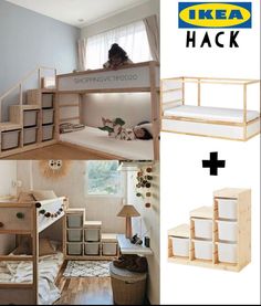 the bunk bed is made out of wood and has two shelves on each side, one with