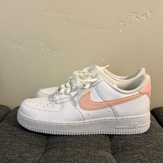 White Nike Air Force 1 With Pink Swoosh And Details. Women’s Size 10 Men’s 8.5. Never Been Worn Outside. They Were A Present But Too Big For Me. Make Me An Offer :) Nike Air Force 1 Pink, Air Force 1 Pink, White Nike Air Force 1, White Nike Air Force, Shoes Nike Air Force, White Nike Air, White Nike, Nike Air Force 1, White Nikes