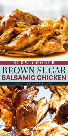 This Slow Cooker Brown Sugar Balsamic Chicken is a simple chicken recipe for dinner that's tender and flavorful! Add this chicken dish to your favorite family weeknight dinner recipes! Slow Cooker Chicken Recipe, Lunch Recipes Healthy, Healthy Meals For Two, Crockpot Recipes Slow Cooker