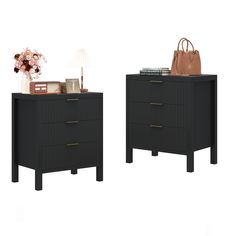 two black nightstands with flowers and a purse on top of them, both side by side