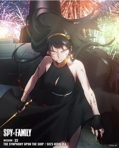 a woman in black dress holding an umbrella with fireworks behind her and the caption soy - family