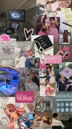 a collage of photos with babys and nurse's stuff on them in pink, blue, and white