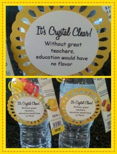 two water bottles with labels on them that say it's crystal clear without great teachers education would have no flavor