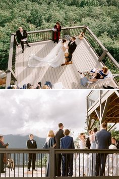 the wedding party is getting ready to get married at the top of the mountain and on the bottom of the deck