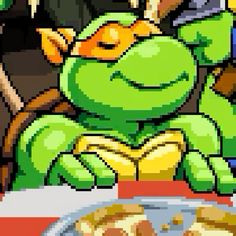 an image of a cartoon character sitting at a table with some food on the plate