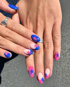 Simple But Colorful Nails, Pink Blue Nail Designs, Shirt Nail Inspiration, Hot Pink And Navy Blue Nails, Cute Nails With Stars, Purple Funky Nails, Pink And Blue Star Nails, Fun Nails Blue, Easy Nail Designs Pink