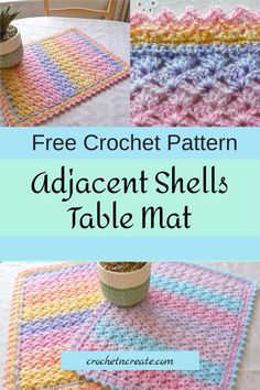 crocheted table mats with text that reads free crochet pattern adjacent shells table mat