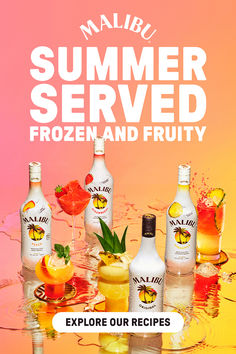 an advertisement for malju summer served frozen and fruity drinks, including oranges