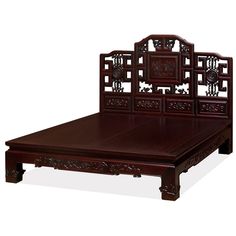 This Qing Dynasty Palace bed is characterized by its intricated floral and dragon design. This low platform queen size bed is complete with a hand-carved headboard, features beautiful central chrysanthemum design, with an open framework of cloud and flying dragons motif.  The intricate flower and dragon design continue through all three sides of the bed and the four legs. Intricately handcrafted from solid Elmwood with traditional joinery techniques to ensure a sturdy structure with long-lasting Hand Carved Headboard, Lattice Headboard, Chinese Bed, Chinese Bedroom, Asian Bedroom, Asian Interior Design, Carved Headboard, Platform Bedroom Sets, King Size Beds