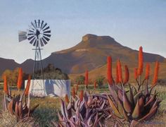 an oil painting of flowers and a windmill in the distance with mountains in the background