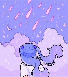 an illustration of a girl in the sky with umbrellas above her head and clouds behind her