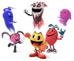 five different colored cartoon characters standing together