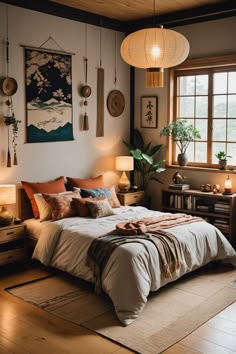 a bed sitting in a bedroom next to two lamps on either side of a window