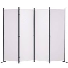 a white room divider with black poles on each side and two panels at the top