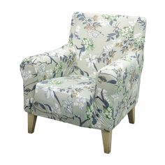 a white chair with blue and green floral print on it's armrests