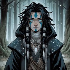 an image of a man with long hair and blue eyes in the woods holding two swords