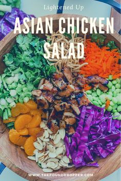 This Lightened Up Asian Chicken Salad is packed with so much goodness-teriyaki chicken, mandarin oranges, edamame, chow mein noodles, almonds, shredded carrots, cilantro leaves, green onions, red cabbage, and then drizzled with delicious homemade dressing!! Sugar Free Teriyaki Sauce, Macro Ideas, Roasted Sesame Dressing, Sesame Salad Dressing, Rainbow Foods, Chow Mein Noodles