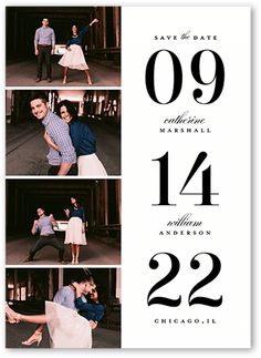 a photo save the date card with black and white photos on it's side