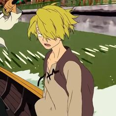 an anime character sitting on a bench in the grass with another person standing next to him