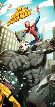 the amazing spider - man is being chased by another character in front of a cityscape