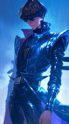 an anime character in blue leather outfit standing in the rain