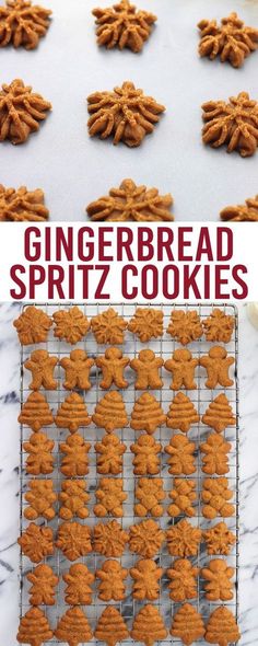 gingerbread spritz cookies on a cooling rack with the title text above it