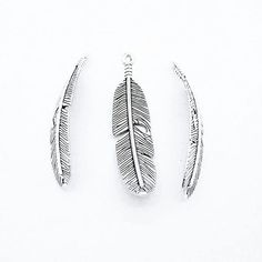 two silver colored feathers on a white background