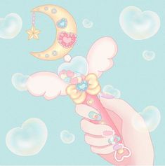 a hand holding a toothbrush with soap bubbles around it and a crescent moon on the back