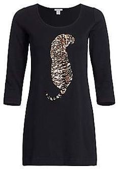 Joan Vass Women's Petite Sequin Tiger Tunic | Glamorous tunic with a shimmering tiger patch at the chest. | animal t-shirt dress for fall | affiliate link | Saks Fifth Ave | #tunic #shirtdress #tiger #animalprint Dress For Fall, Shirtdress, Autumn Winter Fashion, Saks Fifth