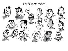 the expression sheet for an animated character's head and shoulders, with various expressions