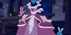 an animated image of a woman in a pink dress with bunnies around her neck