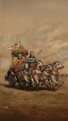 a painting of people riding in a horse drawn carriage with four horses and two men on the back