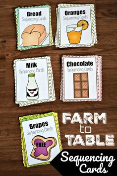 four farm to table cards with text that reads,'free printables for beginning and