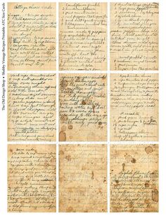 six old papers with writing on them, all lined up in different styles and sizes