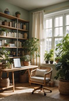 a living room filled with lots of plants and bookshelves next to a window