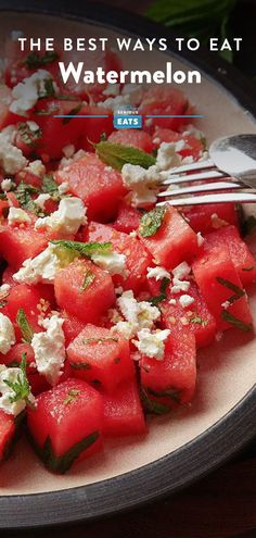 watermelon salad with feta cheese and mint leaves on a white plate, with text overlay that reads the best ways to eat watermelon