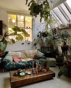 a living room filled with lots of plants next to a couch and coffee table in front of a window