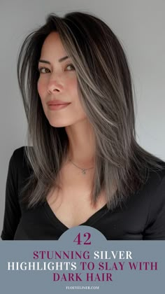 If you have dark hair and want to find a way to seamlessy blend those peekaboo grays, adding some silver highlights is the way to go. Check out our latest blog post that showcases over 40 stunning ways to rock silver on your brunette base. From subtle ash gray highlights to bold white streaks, you'll find a lot of gray blending inspo there. Tap to see it now! Balayage For White Hair, Gray Hair Balayage Brunettes, Brunette Going Grey Highlights, Gray Blending Asian Hair, Dark Hair With Silver Streaks, Dark Brunette With Grey Highlights, Hair Color Ideas For Greying Brunettes, Grey Blending Asian Hair, Subtle Grey Highlights On Dark Hair