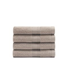 four towels folded on top of each other in light grey color, with white background