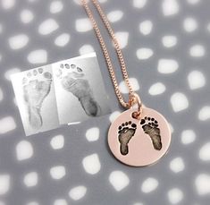 "*Please read the description all the way through for instructions on how to get your image to us* This listing is for one necklace, in your choice of sterling silver, 14k gold-filled, or 14k rose gold-filled. The footprints will be carefully engraved onto the 5/8 inch disc. You can add more footprints pendants to your necklace in our \"add on\" section. *Please see our shop announcement for our current turnaround time* * * * * * * * * * * * * * * * * * * * * * * * * * * * * * * * * * * * * * FA Handwritten Necklace, Mommy Jewelry, Fingerprint Jewelry, Memorial Necklace, Personalized Gifts For Her, Foot Jewelry, Mom Necklace, New Mom, Personalized Necklace