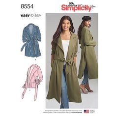 Misses and Misses Petite Coats and Jackets.Simplicity Sewing Pattern 8554.From the 'Easy to Sew' range.Sized for miss and miss petite, easy to sew soft trench and jacket are the perfect layering pieces. Length options include short, mid and long with side slits with optional pockets and ties.Recommended fabricsChallis, Chambray, Crepe, soft lightweight Linen Types, Silky Types. Extra fabric needed to match plaids, stripes or one-way design fabrics. Petite Coats, Jacket Sewing, Trench Dress, Jacket Pattern Sewing, Petite Coat, Simplicity Sewing, Vest Pattern, Easy Sewing Patterns, Coat Patterns