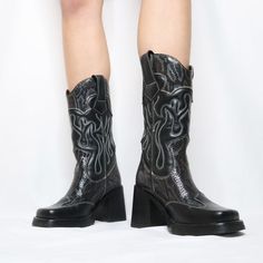 90s DESTROY Platform Cowboy Boots (6 US) Platform Cowboy Boots, Flame Embroidery, Goth Cowboy, Leather Motorcycle Boots, Black Cowboy Boots, Crocodile Skin, Chunky Block Heels, Motorcycle Boots, Snakeskin Print