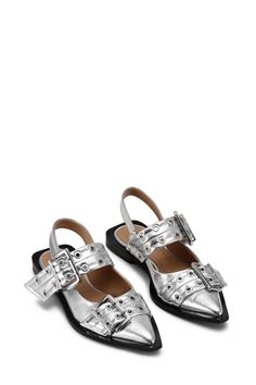 Silver Silver Metallic Feminine Buckle Ballerinas | GANNI US Silver Ankle Strap Slingback Pumps With Buckle, Silver Slingback Heels With Buckle Closure, Silver Slingback Pumps With Buckle Closure, Ballerina Shoes Flats, Buckled Flats, Casual Dress Shoes, Slingback Flats, Silver Flats, Elegant Shoes