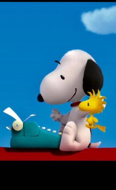 a cartoon dog is playing with a yellow toy in front of a blue sky and clouds