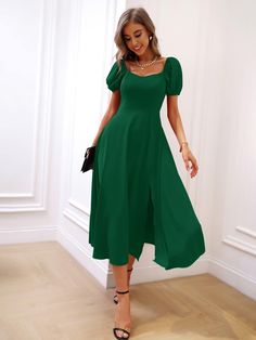 Verde Oscuro Elegante Collar manga corta Tela Liso A línea Embellished No-Elástico Primavera/Verano Long Green Dress Formal, Green Dress Outfit, Split Thigh Dress, Sweetheart Neck Dresses, Long Green Dress, Spring Outfits Dresses, Dark Green Dress, Formal Dresses With Sleeves, Dress Party Night