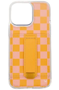 an iphone case with a yellow and pink checkerboard pattern