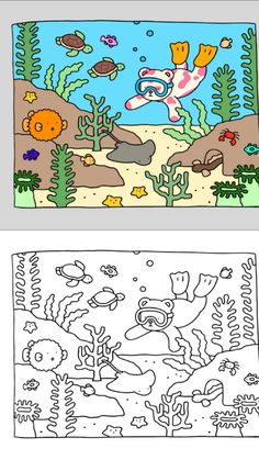 an ocean scene with fish, seaweed and corals coloring book page for children