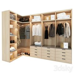 an open closet with clothes and shoes on the shelves