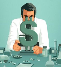 a man looking through a microscope at a dollar sign