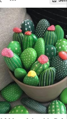 a bowl filled with lots of green and red cactus rocks on top of a couch